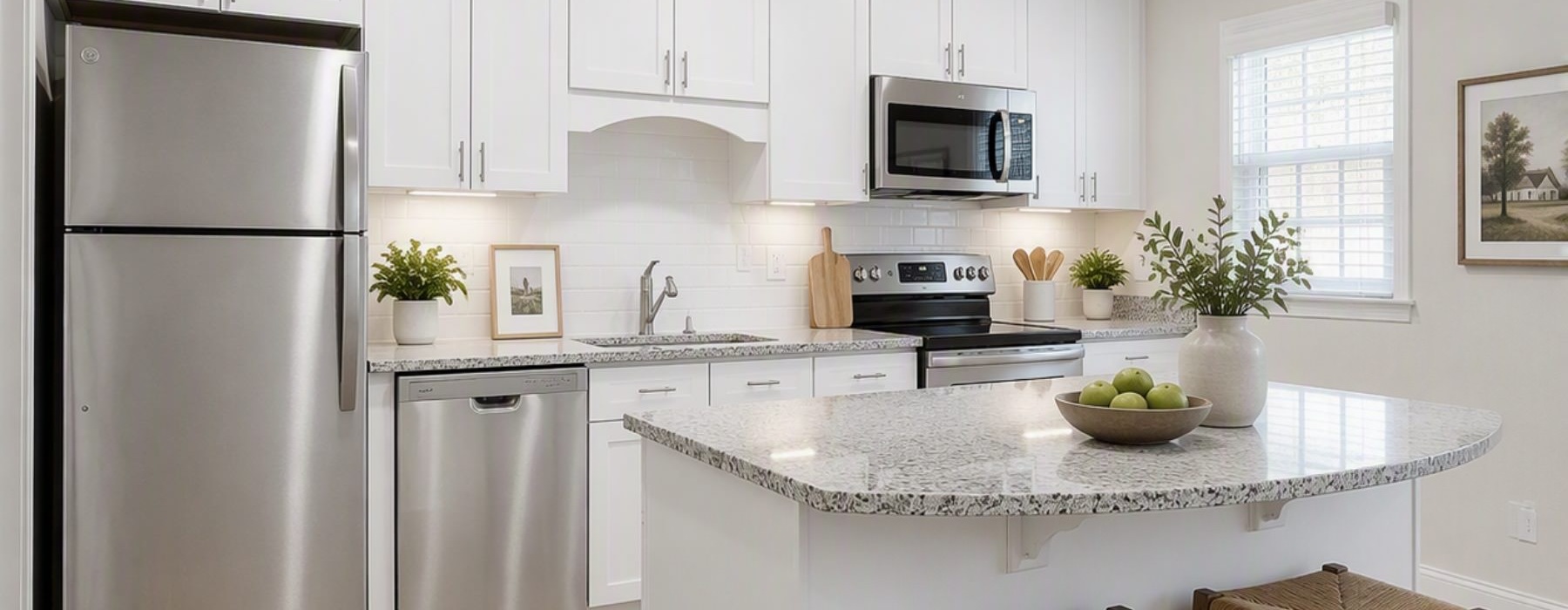 a kitchen with white cabinets