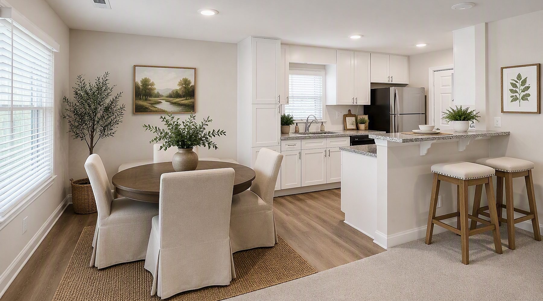 a kitchen and dining room with a table and chairs