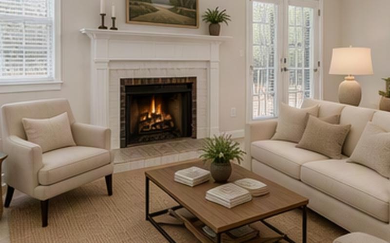 a living room with a fireplace