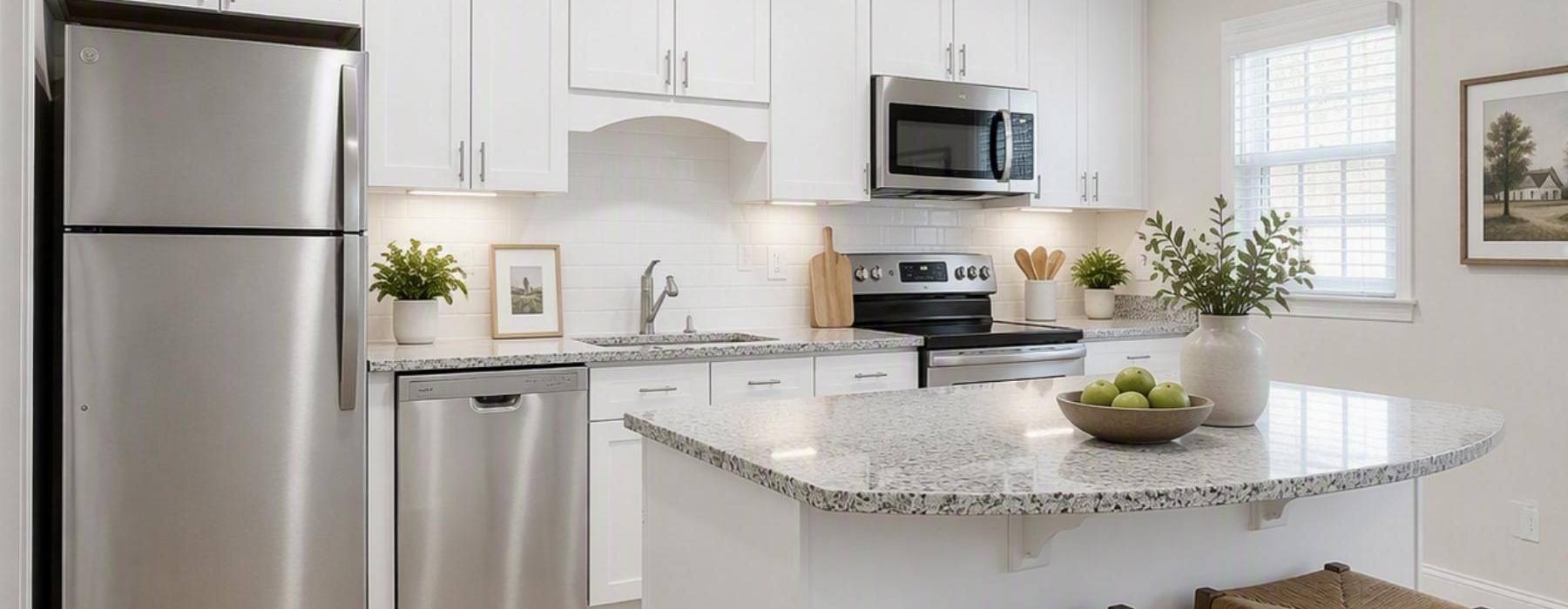 a kitchen with white cabinets